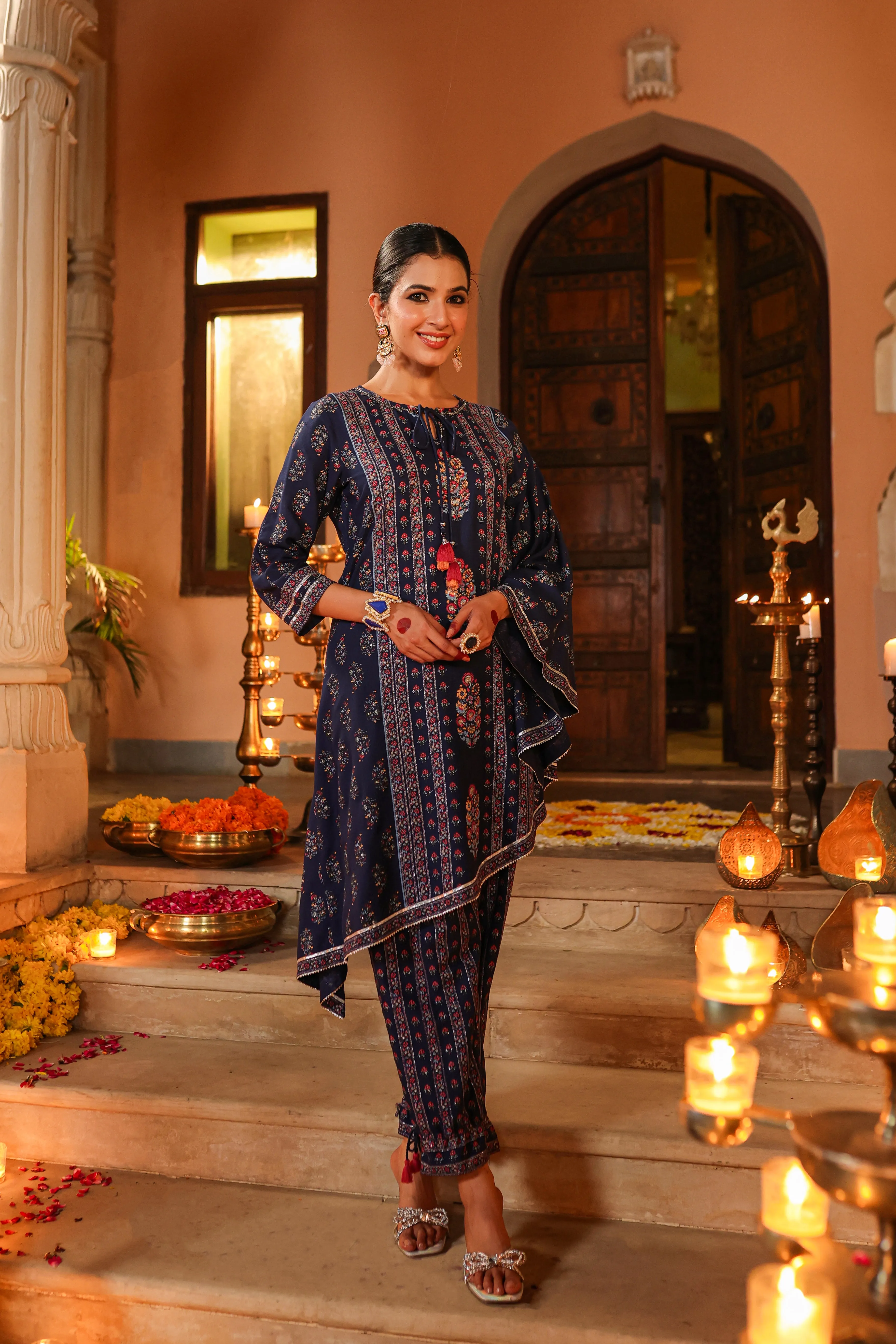 Women Navy Blue Rayon Printed Kurta Pant Set