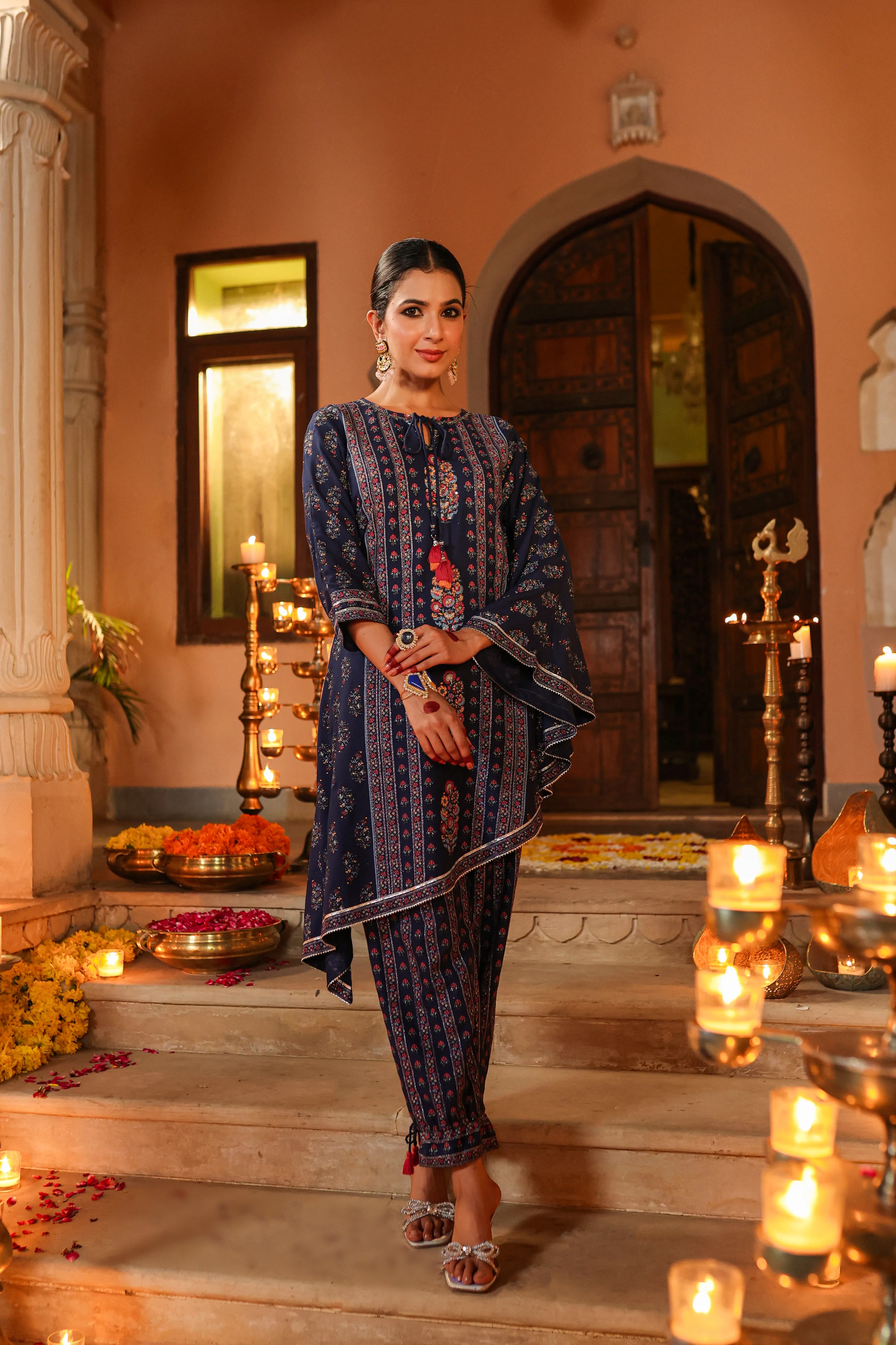 Women Navy Blue Rayon Printed Kurta Pant Set