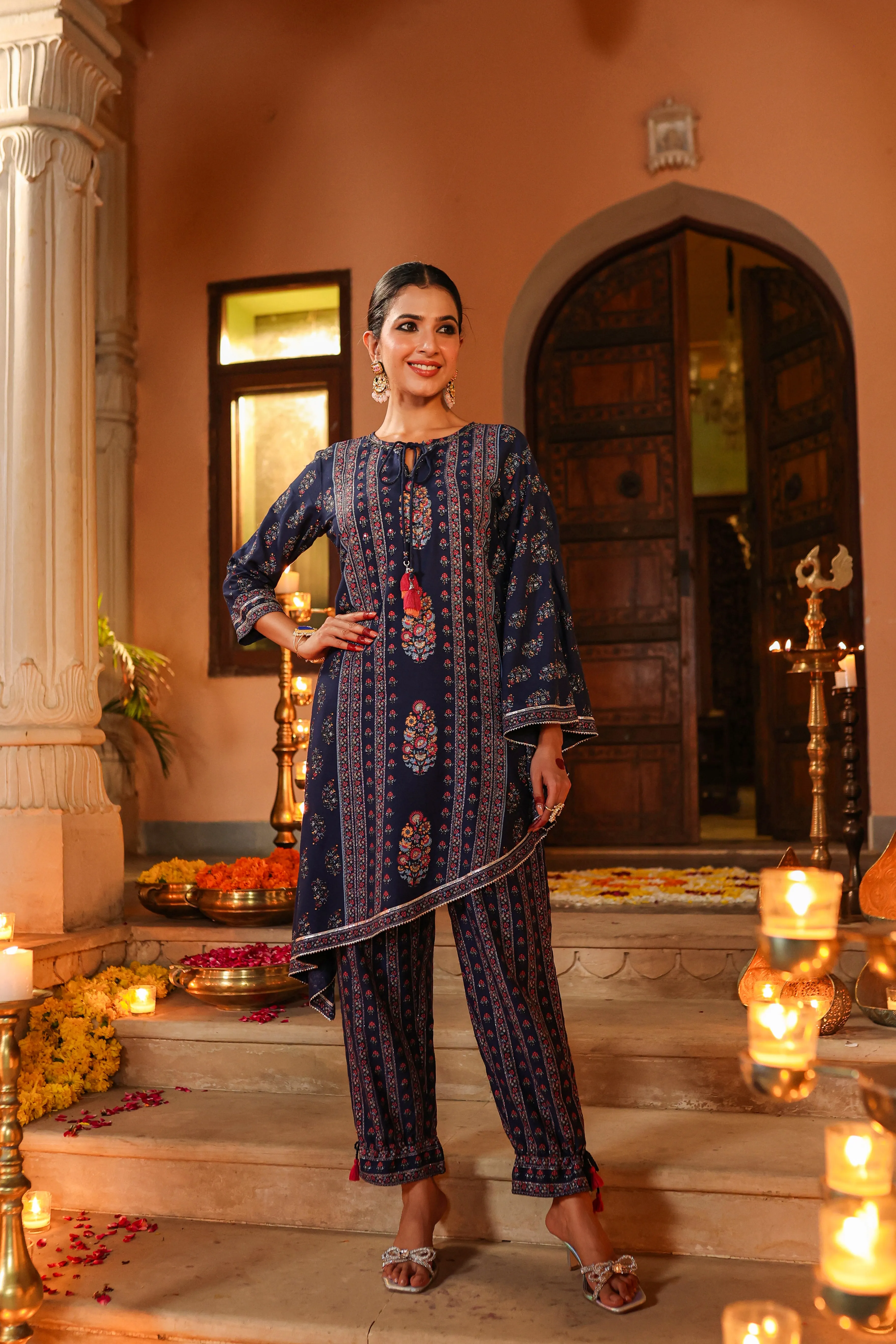 Women Navy Blue Rayon Printed Kurta Pant Set