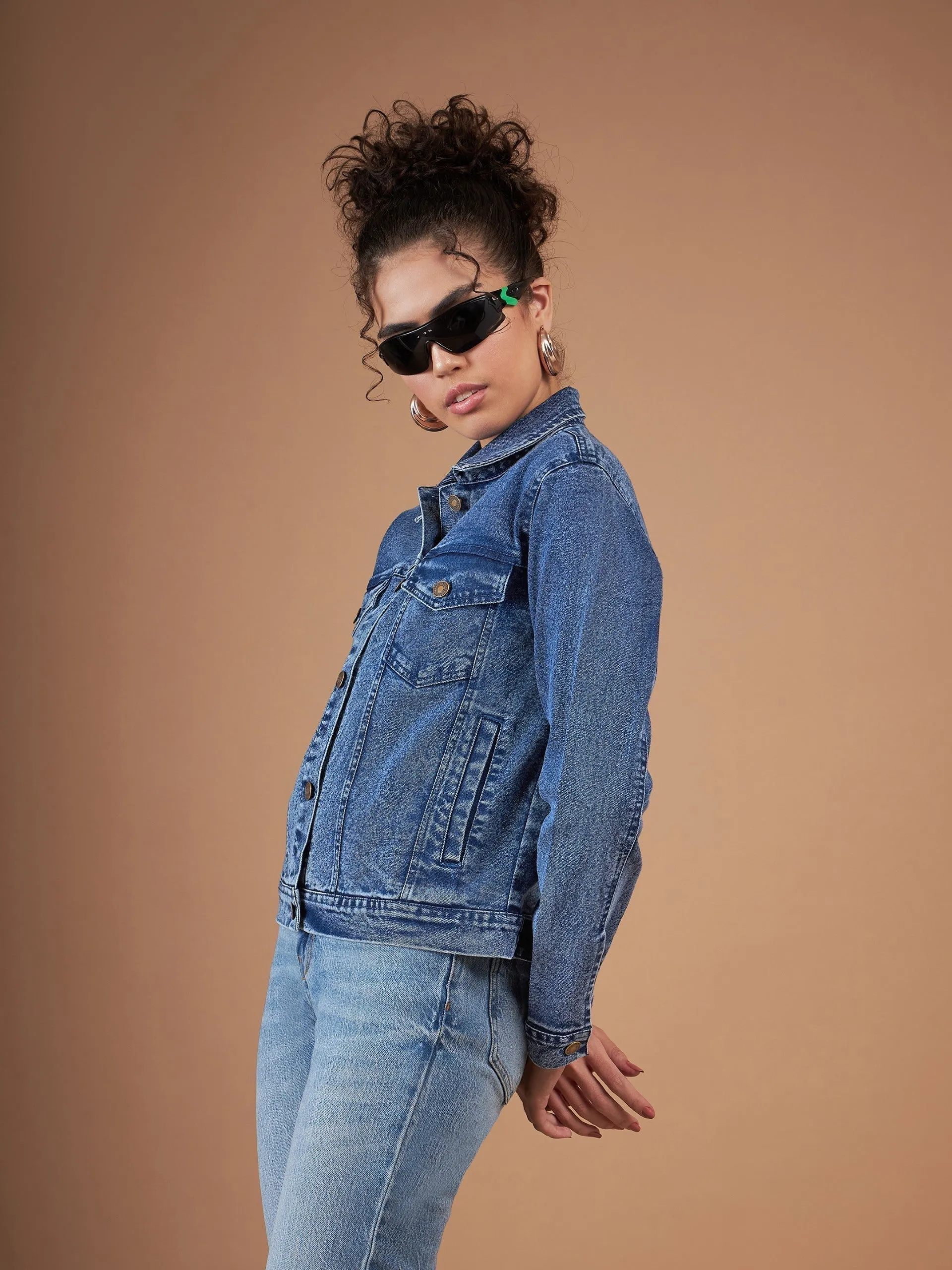 Women Navy Washed Denim Regular Jacket