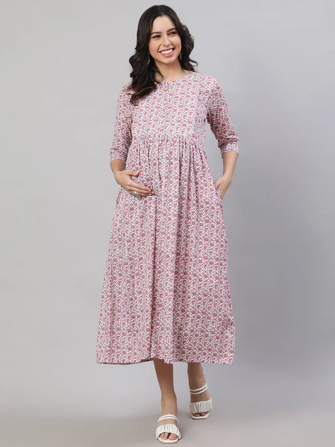 Women Off-White Printed Flared Maternity Dress