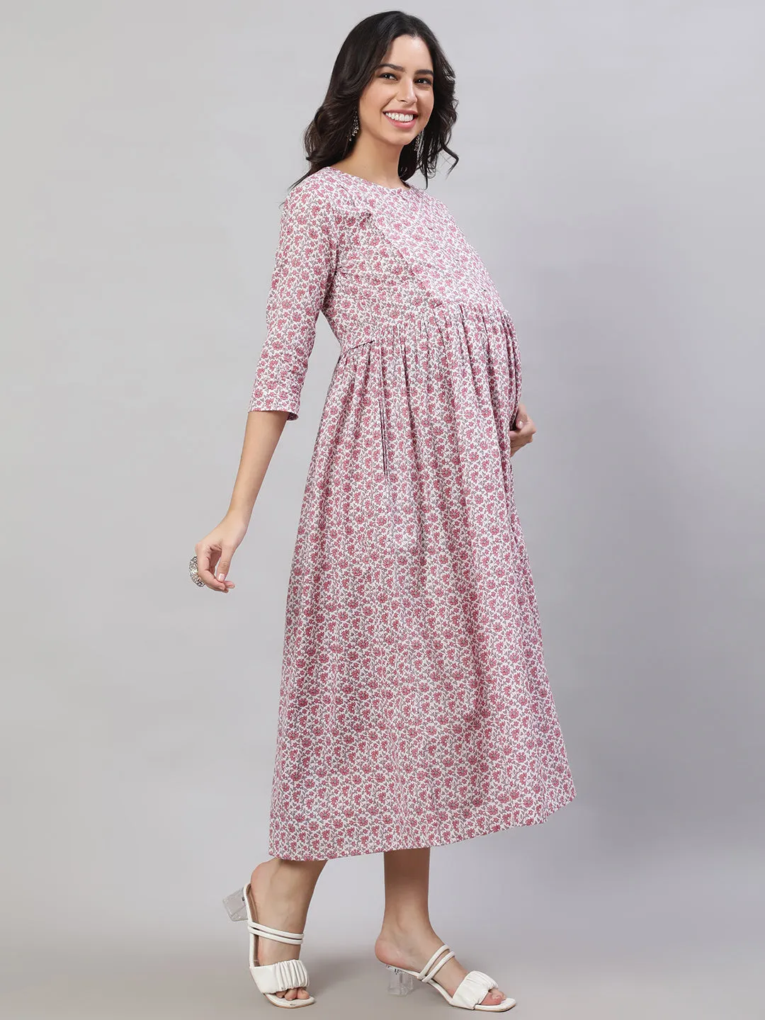 Women Off-White Printed Flared Maternity Dress