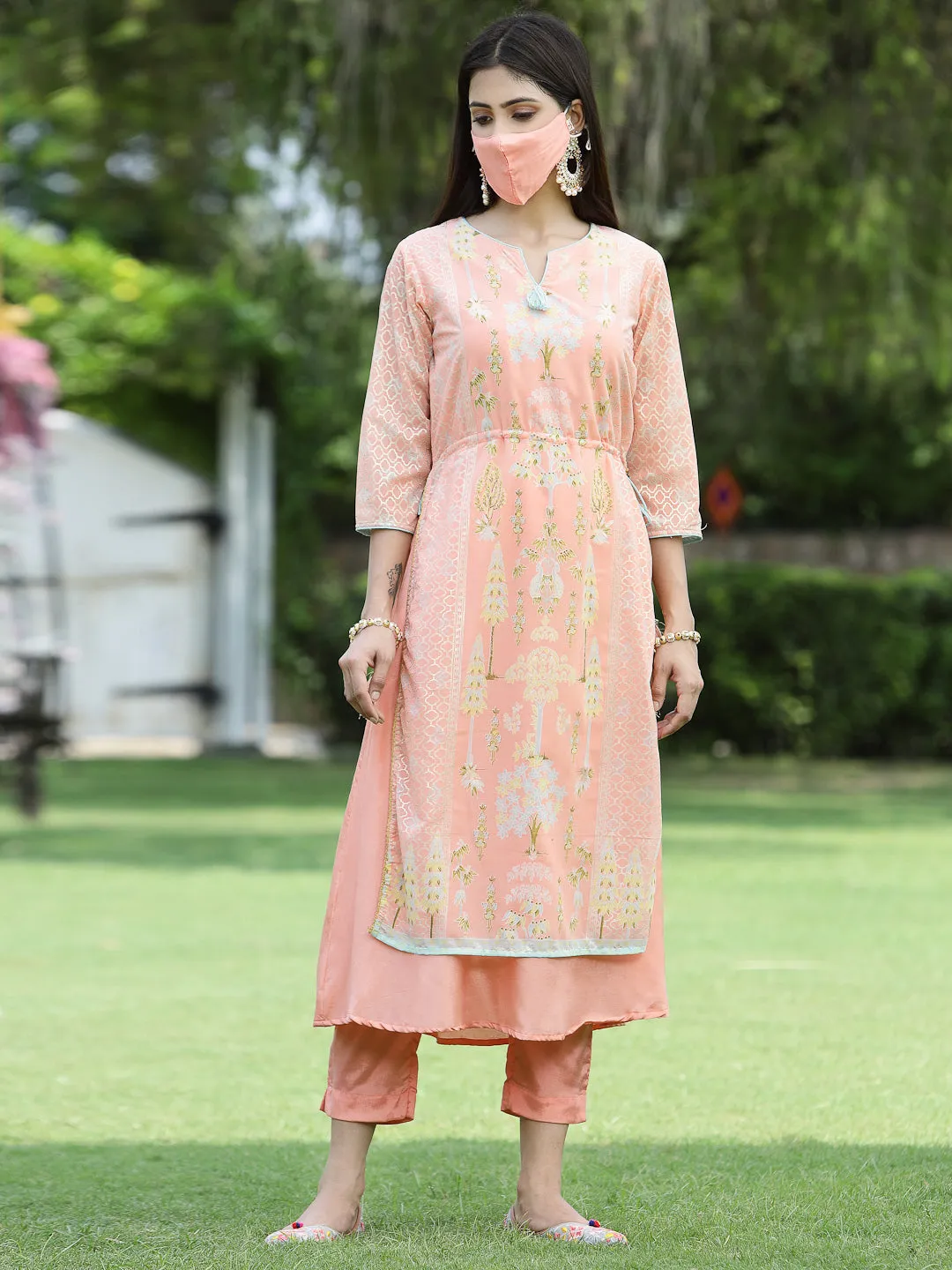 Women Orange Georgette  Kurta Set With Dupatta