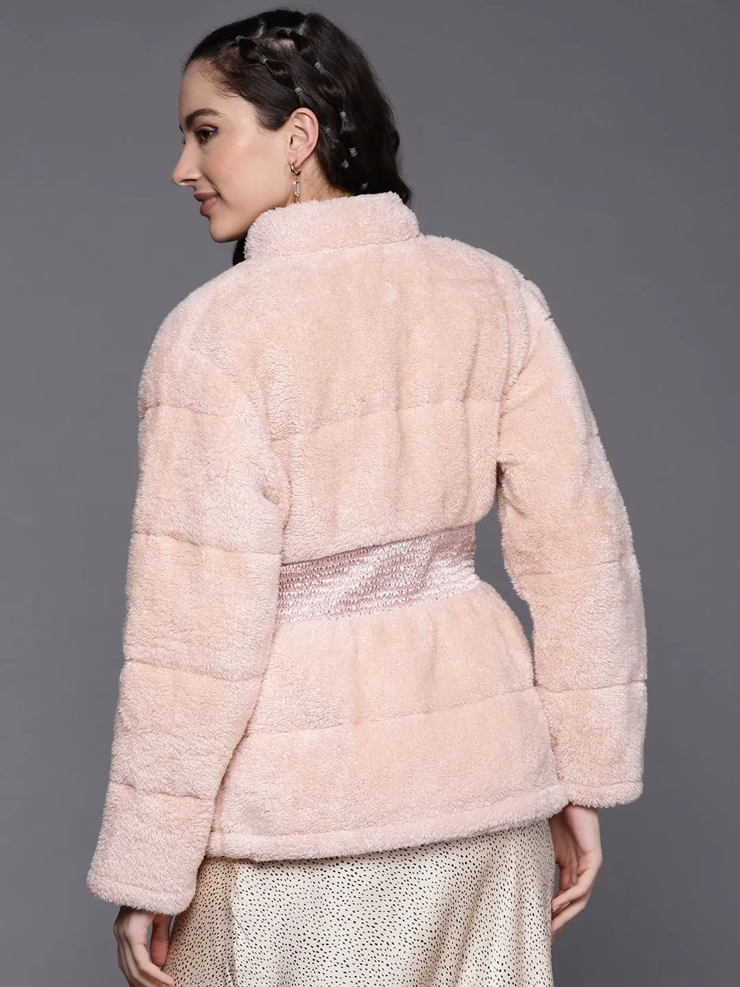 Women Pink Elasticated Waistband Quilted Fur Jacket