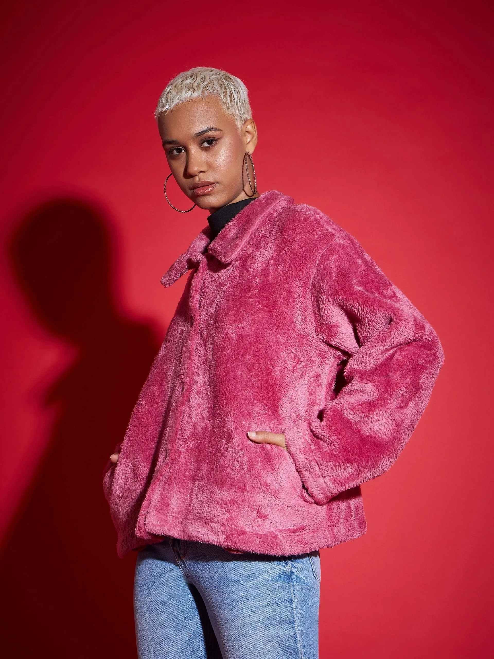 Women Pink Fur Flap Pockets Jacket