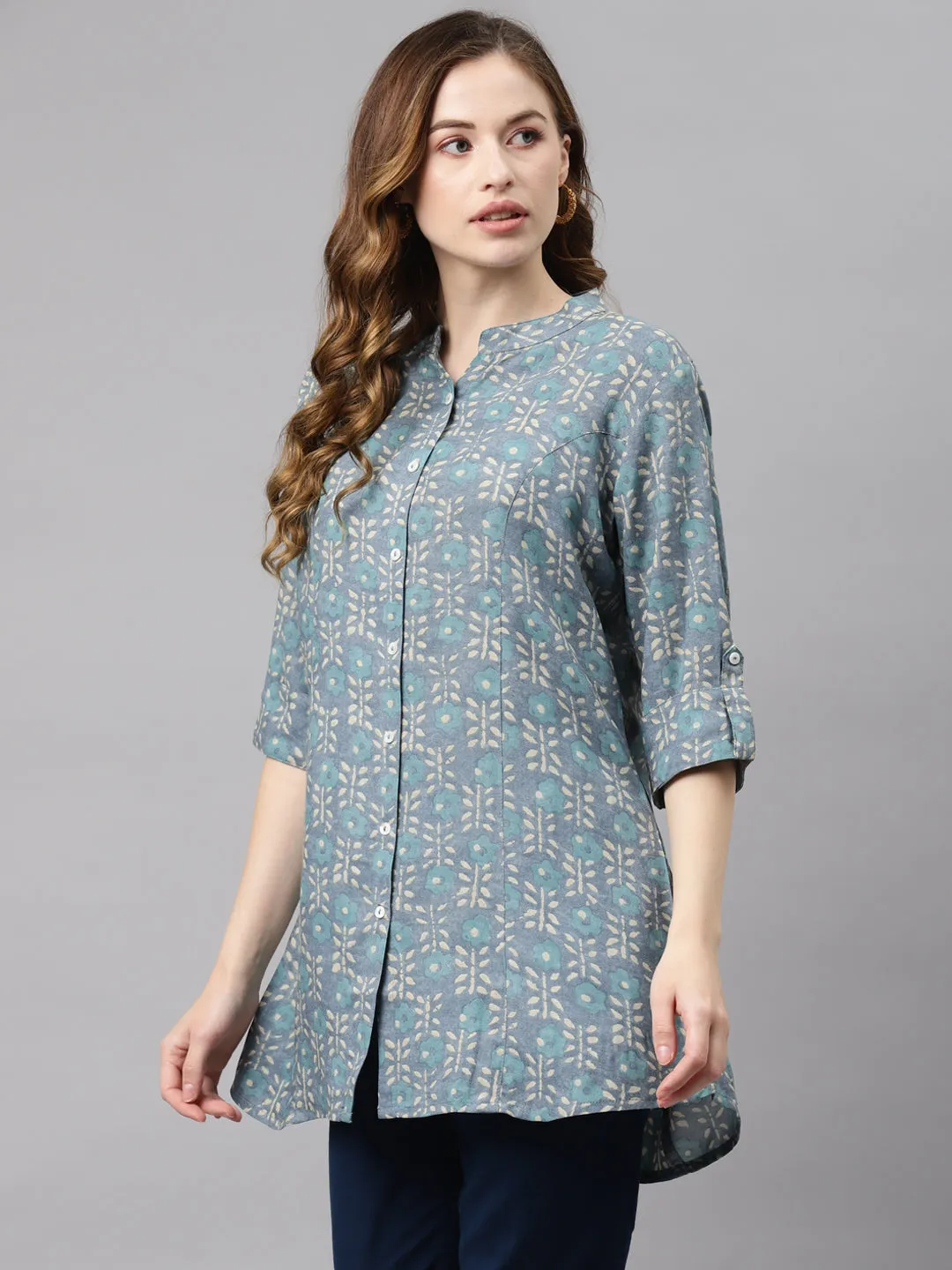 Women'S Green Floral Rayon Top