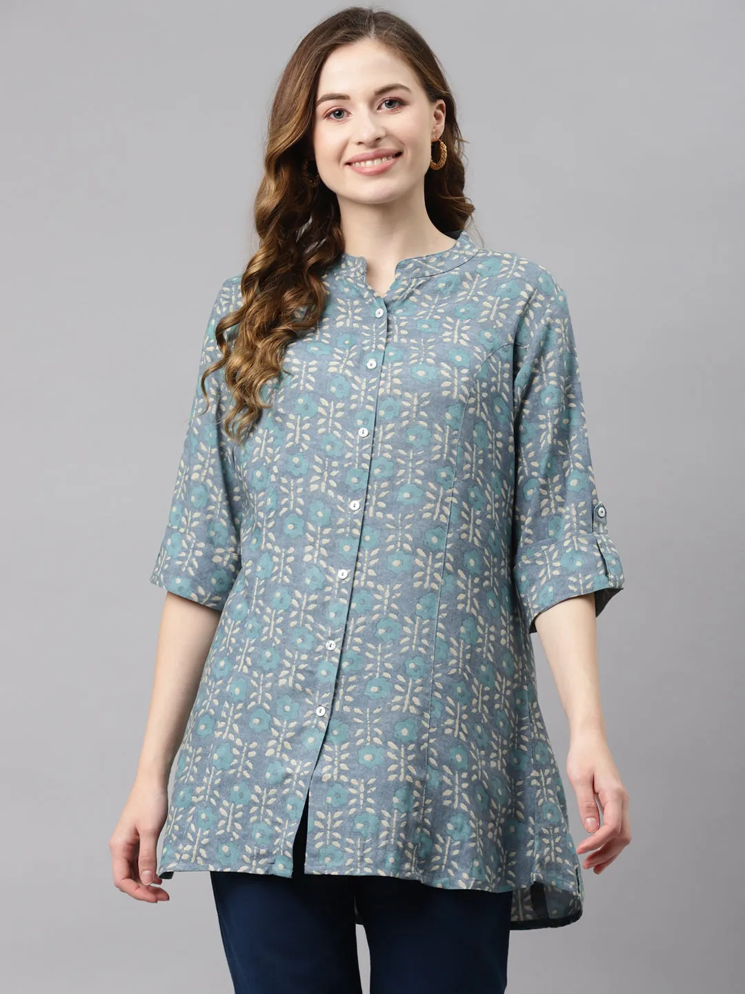 Women'S Green Floral Rayon Top