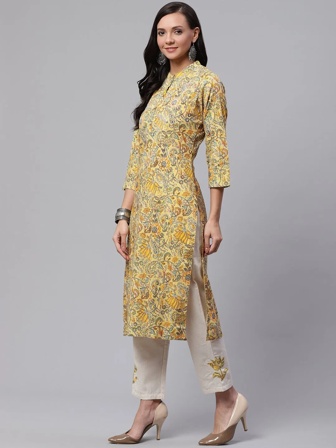 Women'S Yellow Cotton Kurti With Cotton Flex Pant Set