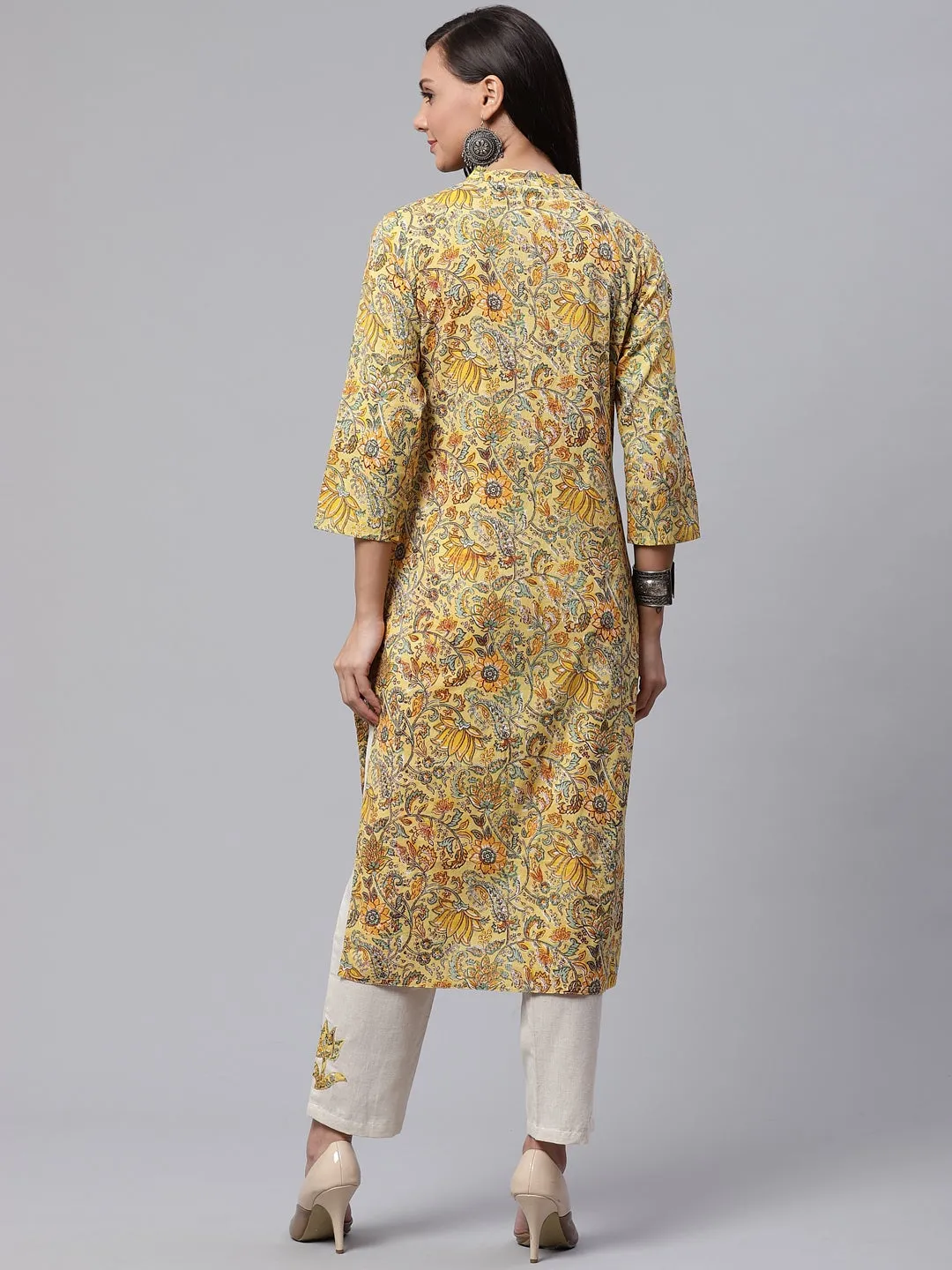 Women'S Yellow Cotton Kurti With Cotton Flex Pant Set