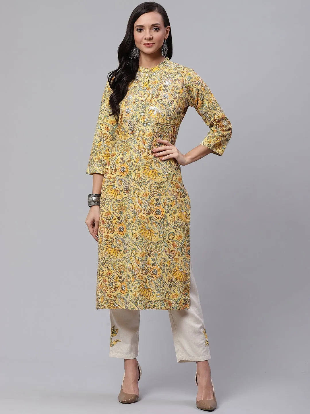 Women'S Yellow Cotton Kurti With Cotton Flex Pant Set