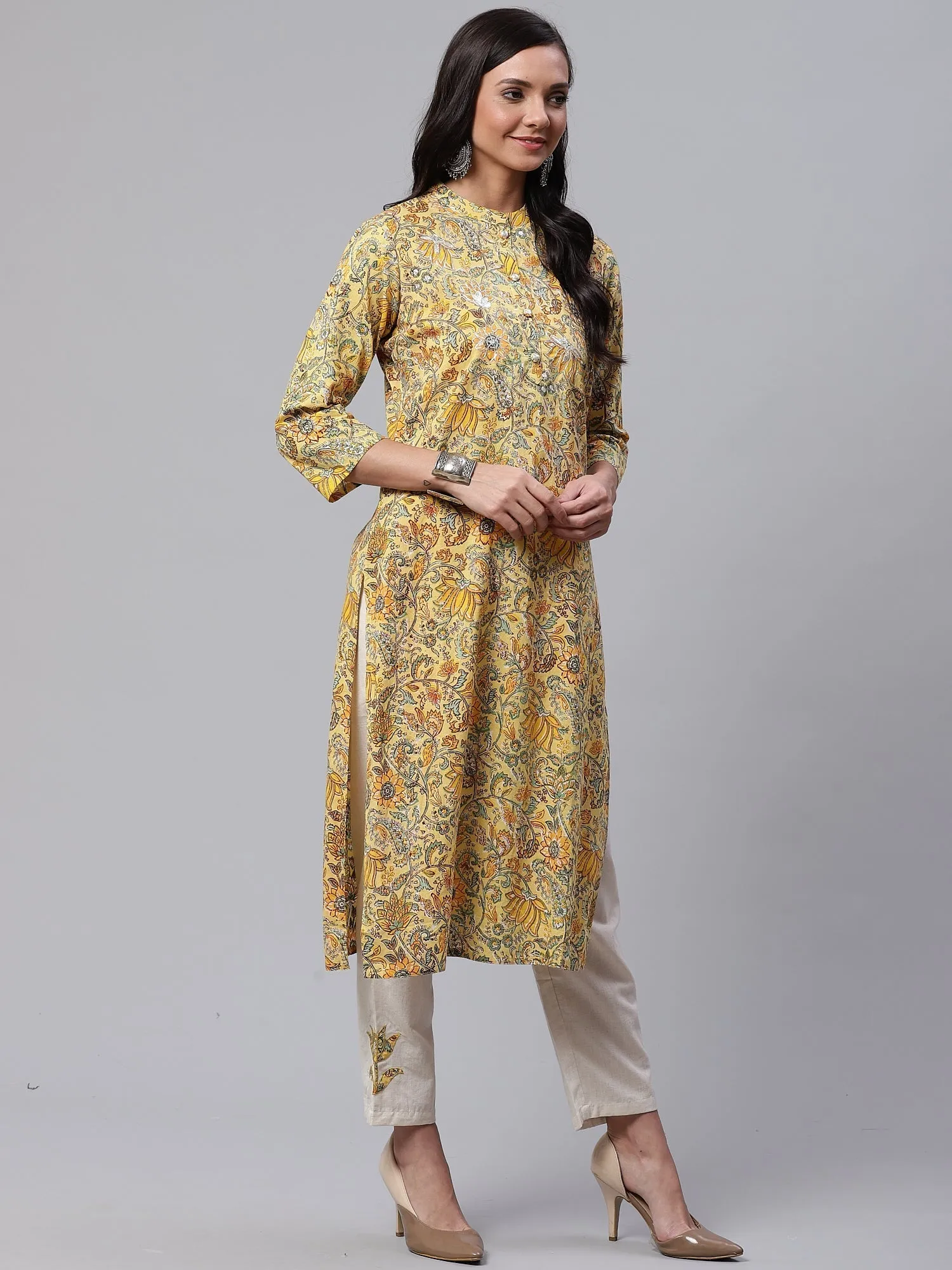 Women'S Yellow Cotton Kurti With Cotton Flex Pant Set