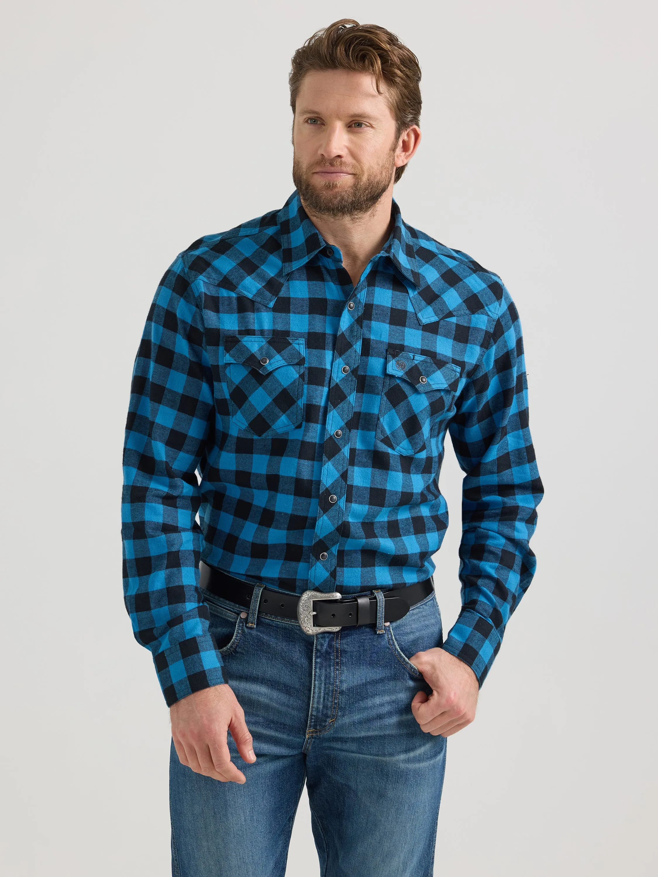 Wrangler Retro Blue & Black Plaid Flannel Snap Western Shirt for Men