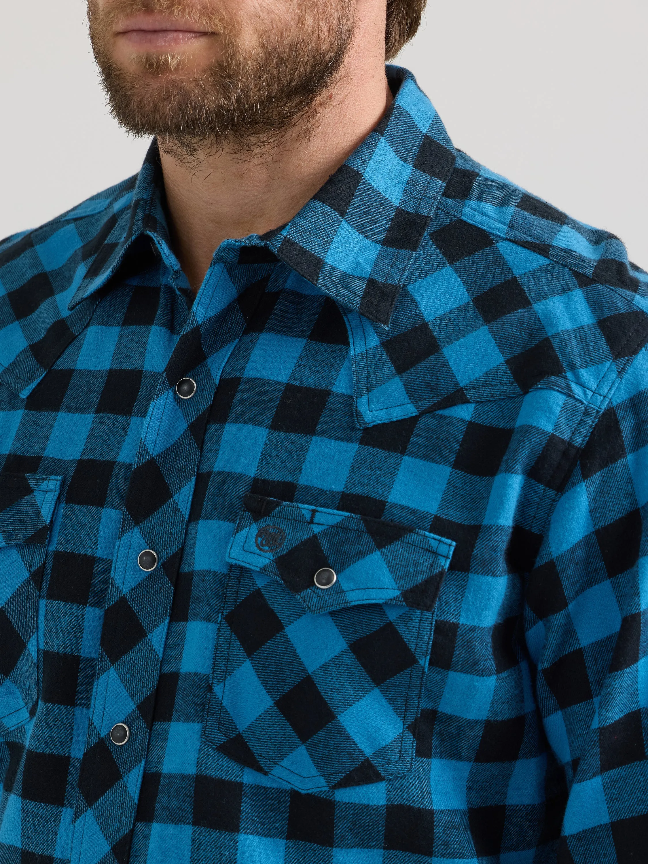 Wrangler Retro Blue & Black Plaid Flannel Snap Western Shirt for Men