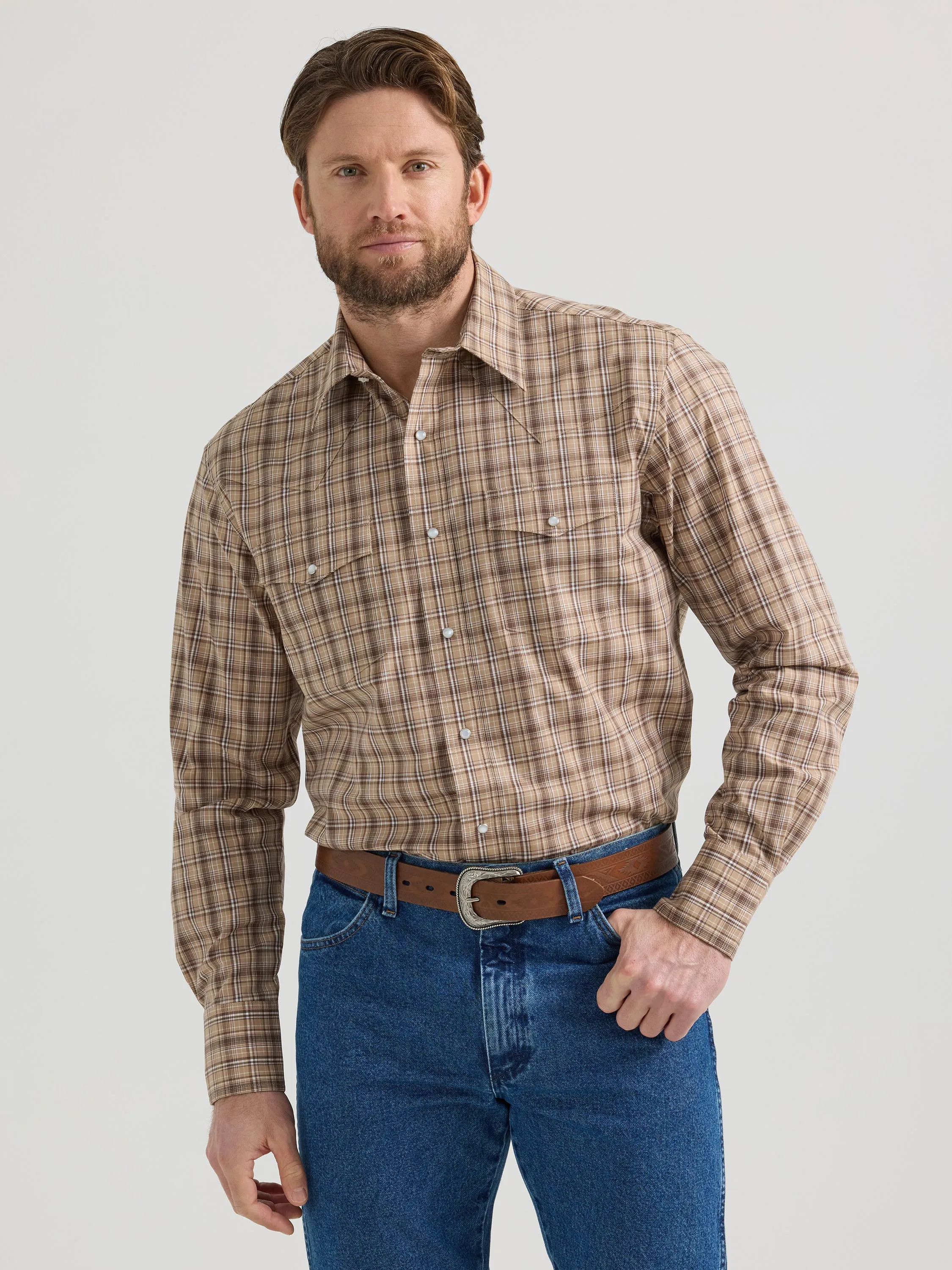 Wrangler Wrinkle Resist Brown/Tan Plaid Western Snap Shirt for Men