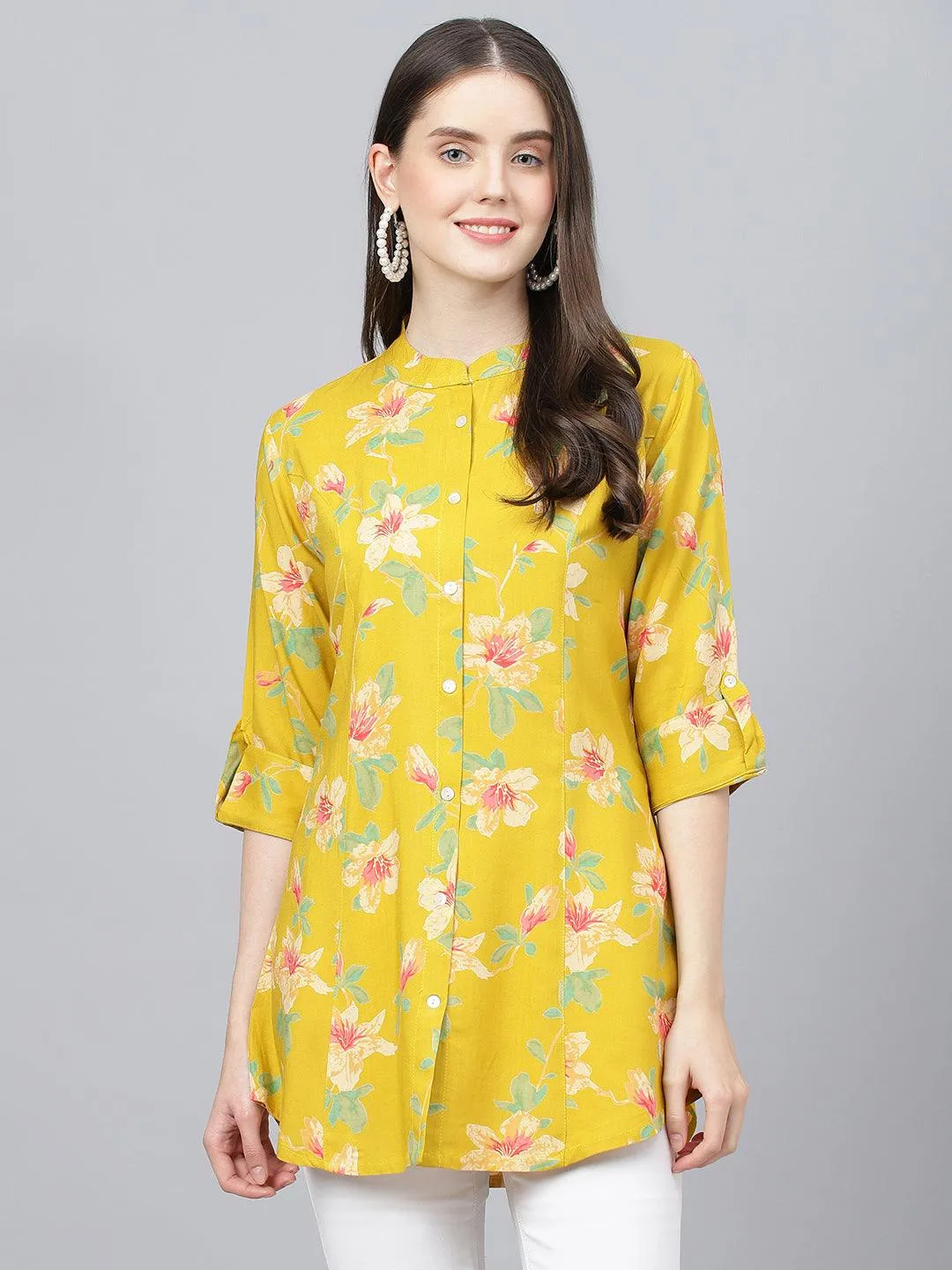 Yellow Floral Printed Rayon A-Line Shirts Style Top